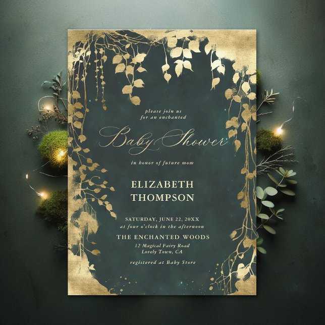 Convites Chá de fraldas verde-quadro Dourado para florestas (Enchanted Forest Emerald Green Draped Greenery Frame Modern Calligraphy Neutral Baby Shower Invite)