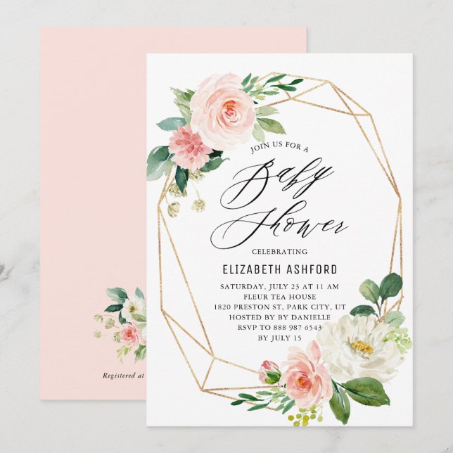 Convites Chá de fraldas verde-rosa-quadro Dourado geométric (Frente/Verso)