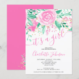 Convites Chá de fraldas verde-rosa rosa aquarela