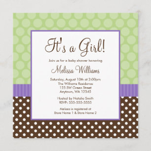 Convites Chá de fraldas verde roxo da menina das bolinhas