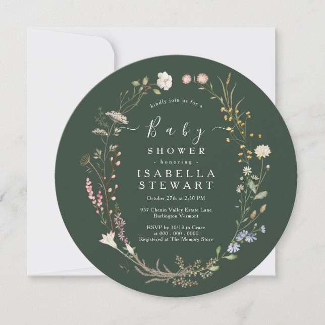 Convites Chá de fraldas Verde Rustic Boho Wildflower Dark (Frente)