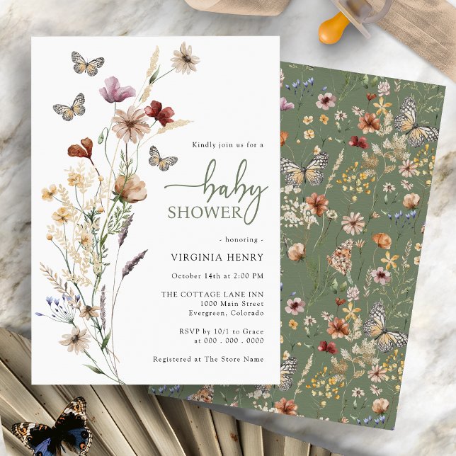 Convites Chá de fraldas Verde Sage da Borboleta (Boho Wildflowers Butterfly Sage Green Baby Shower Invitation by Painted Paperie)