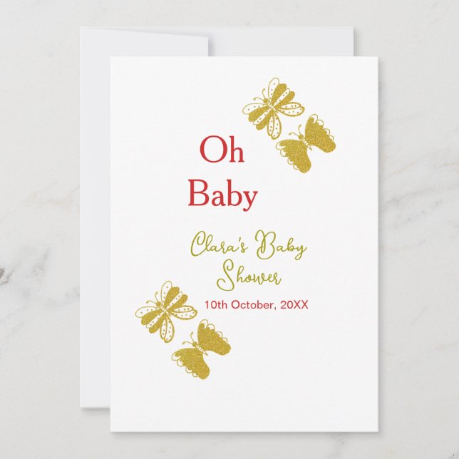 Convites chá de fraldas vermelho da borboleta ouro oh bebê  (Frente)