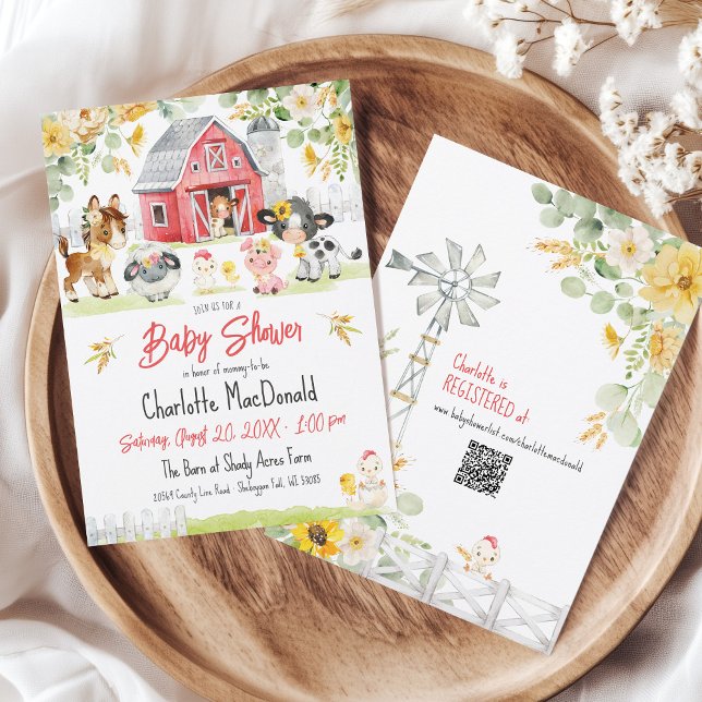 Convites Chá de fraldas Vermelho de Fazenda- (Red Barn farm chick cow pig horse watercolor flowers barnyard animals QR code baby shower invitation)