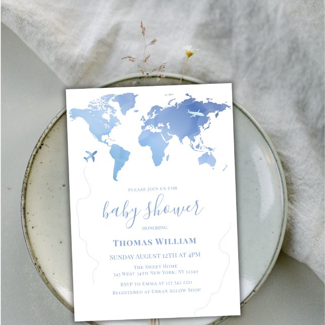 Convites Chá de fraldas Viagem de do Mapa do Mundo Azul (Blue World Map Travel Adventure Boy Baby Shower Invitation)