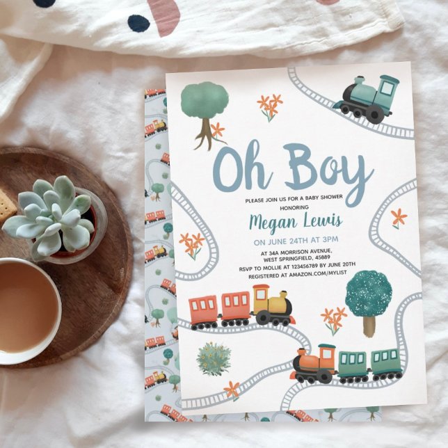 Convites Chá de fraldas Viagem para comboios azuis-brancos (Criador carregado)