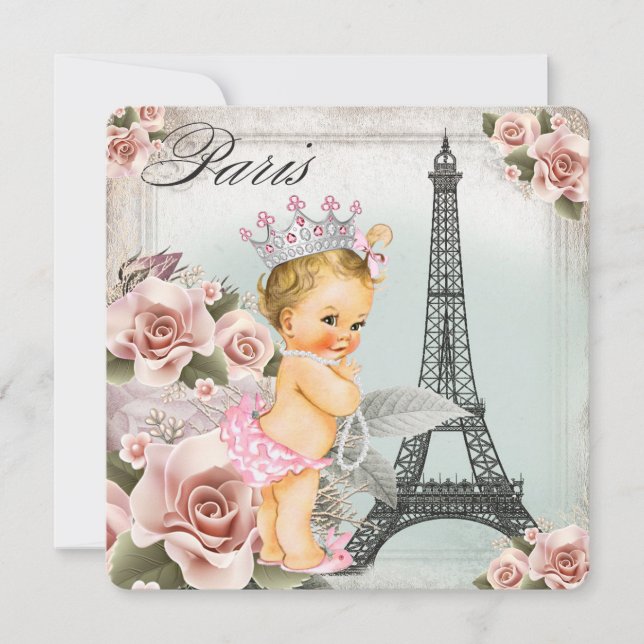 Convites Chá de fraldas Vintage Blonde Princess Paris (Frente)