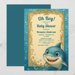 Convites Chá de fraldas Vintage Blue & Dourado Shark Boy