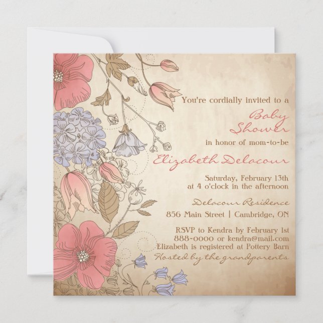 Convites Chá de fraldas Vintage Red & Purple Flowers (Frente)