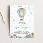 Convites Chá de fraldas Vintage Watercolor Hot Air Balloon<br><div class="desc">Vintage Blue Watercolor Ar Quente Balão-de-Ar Convocação para Chá de fraldas | Convite de chá de fraldas personalizável com ilustrações aquáticas de um balão de ar quente vintage com nuvens, estrelas, aves, triadas e com sotaques. Este convite vintage é perfeito para chás de fraldas de menino. Os textos são perfeitamente...</div>