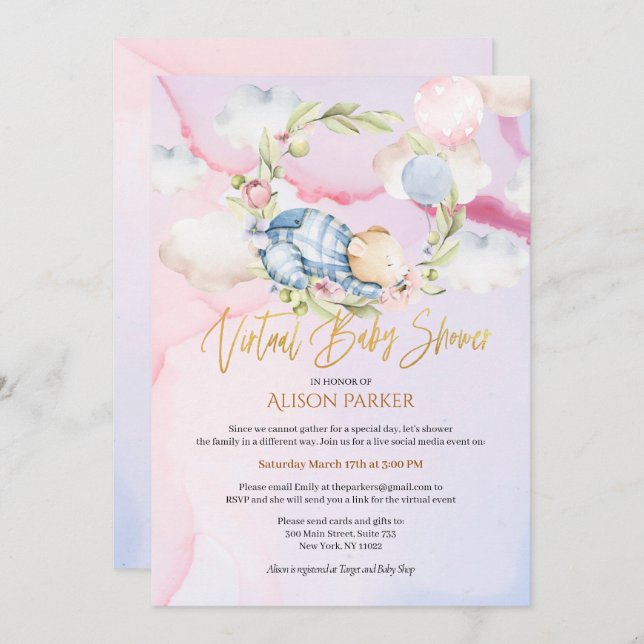 Convites Chá de fraldas Virtual Bonito Do Urso De Teddy (Frente/Verso)