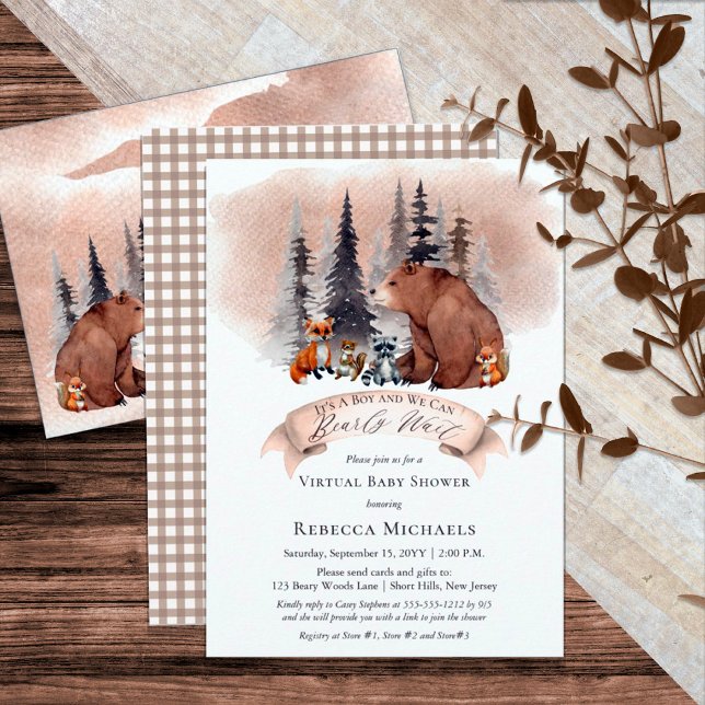 Convites Chá de fraldas Virtual Boy Esperado do Woodland Ba (Criador carregado)