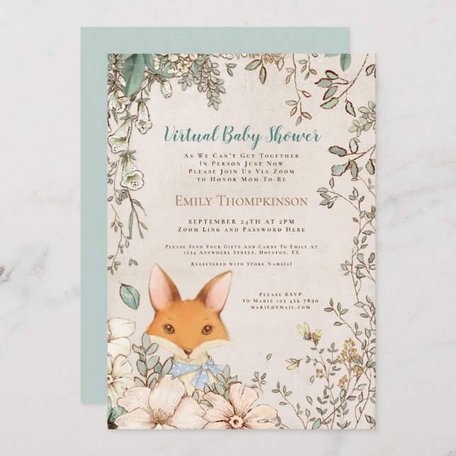 Convites Chá de fraldas Virtual Branco Floral de Folha de F (Frente/Verso)