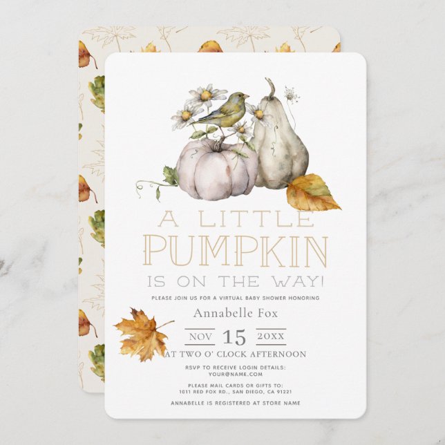 Convites Chá de fraldas Virtual de Aquarela de Pumpkin de P (Frente/Verso)