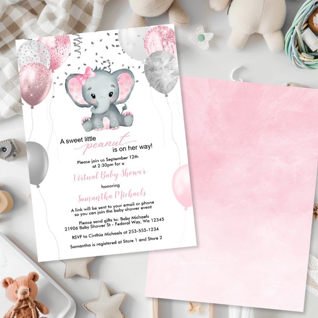 Convites Chá de fraldas Virtual de Balões de Elefante Bonit (Cute Elephant Girl Balloons Virtual Baby Shower Invitation
)