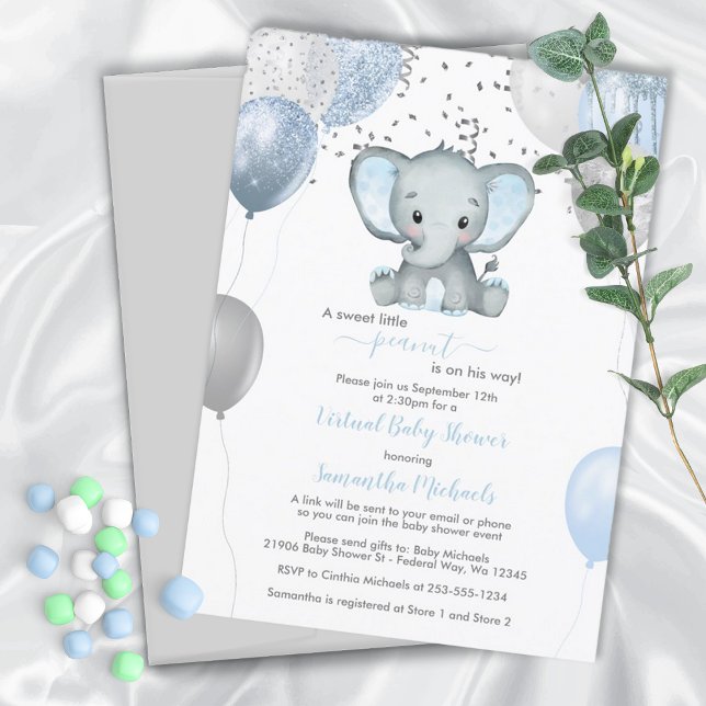Convites Chá de fraldas Virtual de Balões de Elefante Cujo  (Blue Elephant Baby Shower Invitation)
