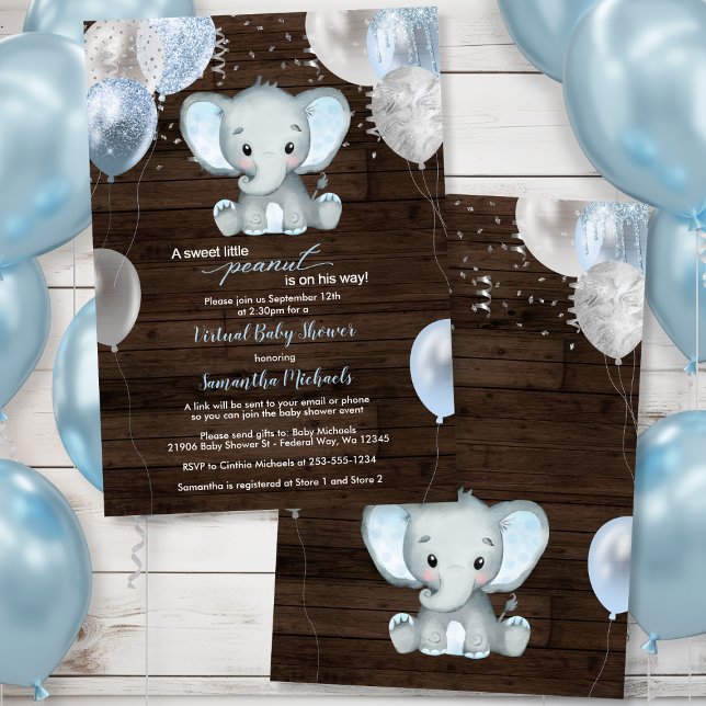 Convites Chá de fraldas Virtual de Balões de Elefantes Russ (Rustic Elephant Boy Balloons Virtual Baby Shower Invitation)