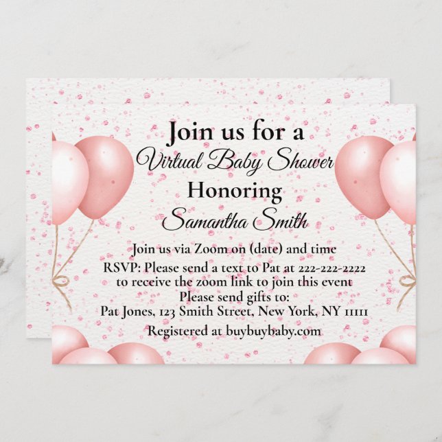 Convites Chá de fraldas Virtual de Balões Rosa (Frente/Verso)