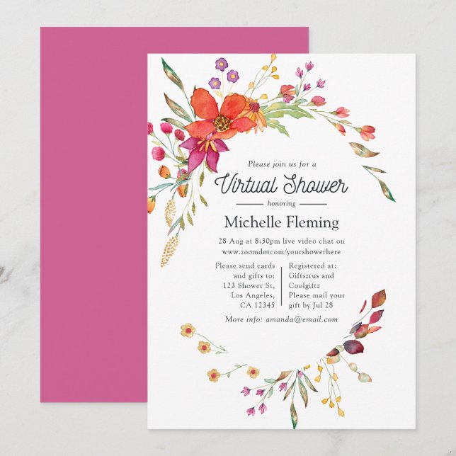 Convites Chá de fraldas Virtual de Flor Selvagem de Primave (Frente/Verso)