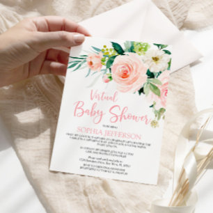 Convites Chá de fraldas Virtual de Flores Rosa Blush