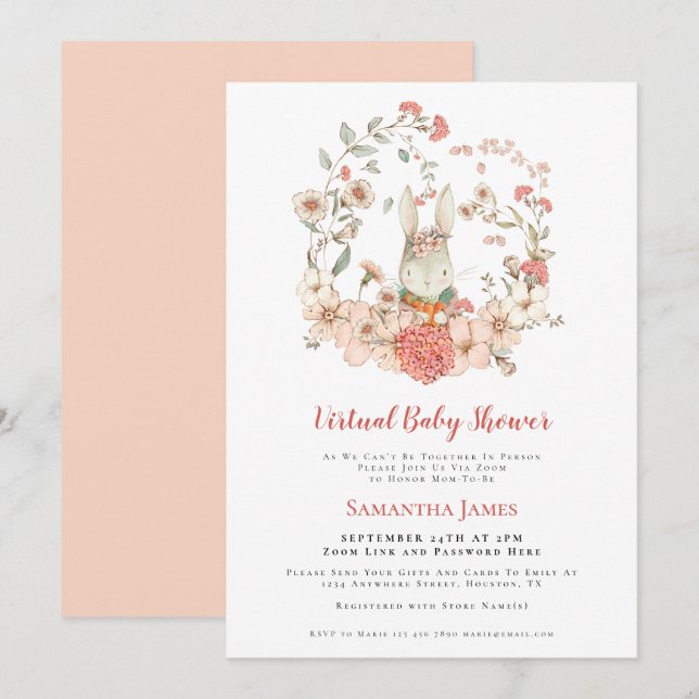 Convites Chá de fraldas Virtual de Folhagem de Pêssego Bunn (Frente/Verso)