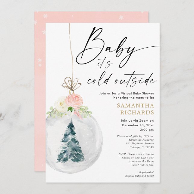 Convites Chá de fraldas Virtual de inverno, menina de ouro  (Frente/Verso)