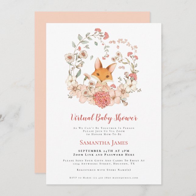 Convites Chá de fraldas Virtual de Peach de Folhagem Fox Vi (Frente/Verso)