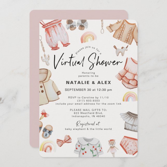 Convites Chá de fraldas Virtual de Roupas e Brinquedos para (Frente/Verso)