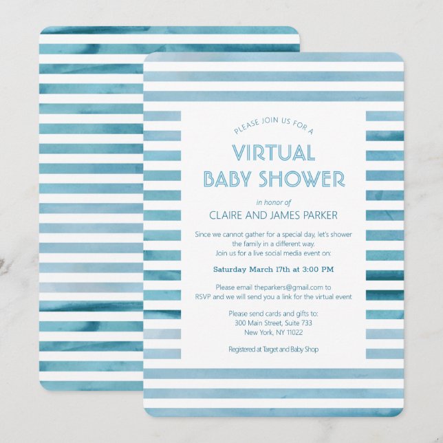 Convites Chá de fraldas Virtual de Strips Azul de Água (Frente/Verso)