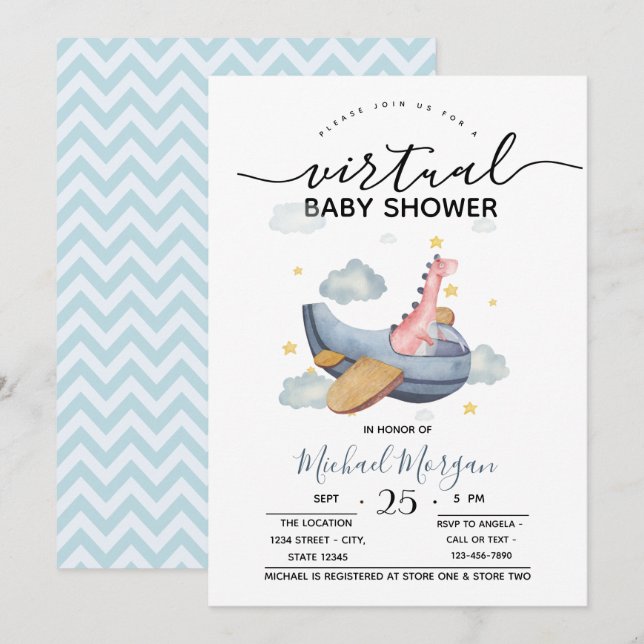 Convites Chá de fraldas virtual Dino Zigzag (Frente/Verso)