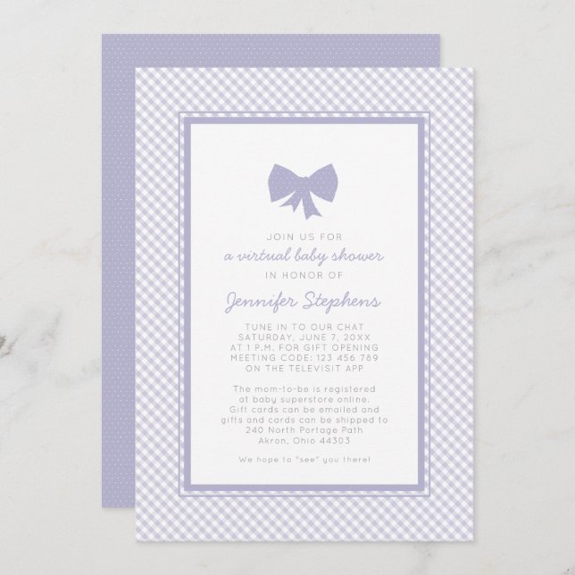Convites Chá de fraldas virtual do arco roxo Gingham (Frente/Verso)