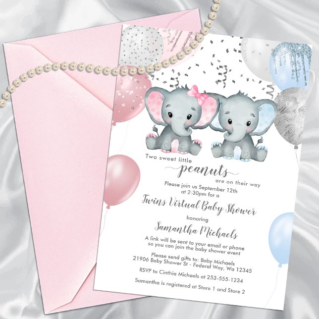 Convites Chá de fraldas Virtual do Balão Gêmeos de Elefante (Cute Elephant Twins Balloon Virtual Baby Shower Invitation)