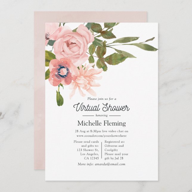 Convites Chá de fraldas Virtual Dourado e Blush de Cores Aq (Frente/Verso)