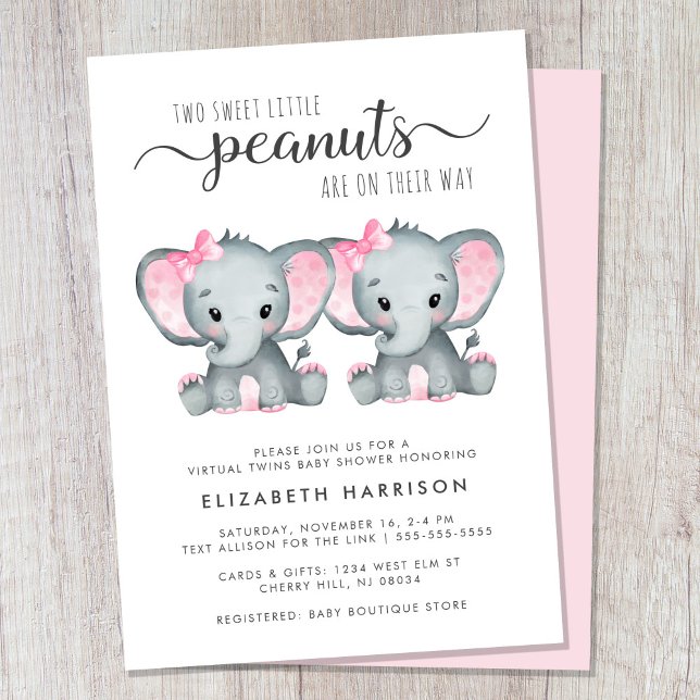 Convites Chá de fraldas Virtual Elephant Twin Girls (Cute twin girls virtual baby shower invitation)