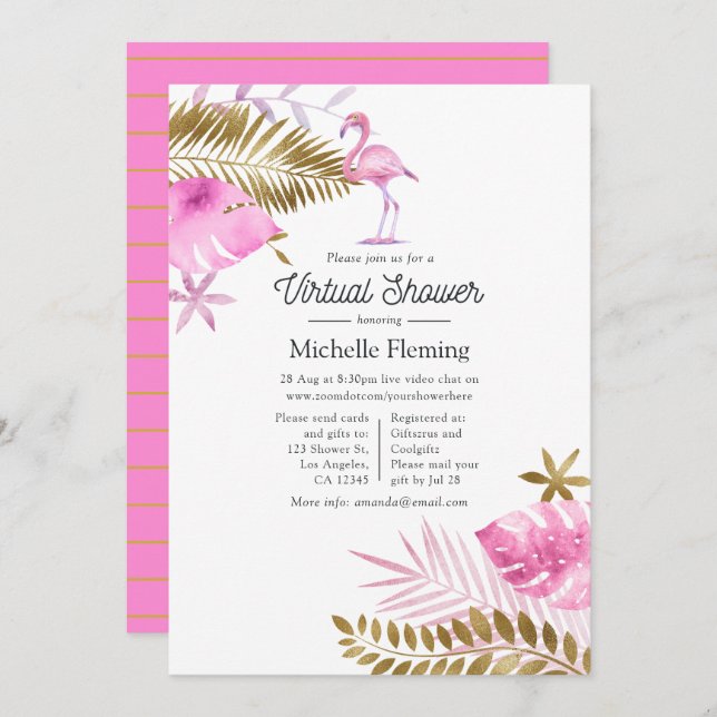 Convites Chá de fraldas virtual Flamingo, rosa e Dourado (Frente/Verso)