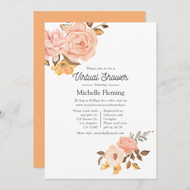Convites Chá de fraldas Virtual Floral Dourado e Rosa (Frente/Verso)
