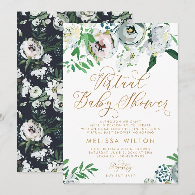 Convites Chá de fraldas virtual Floral Gouache Boho Flower (Frente/Verso)