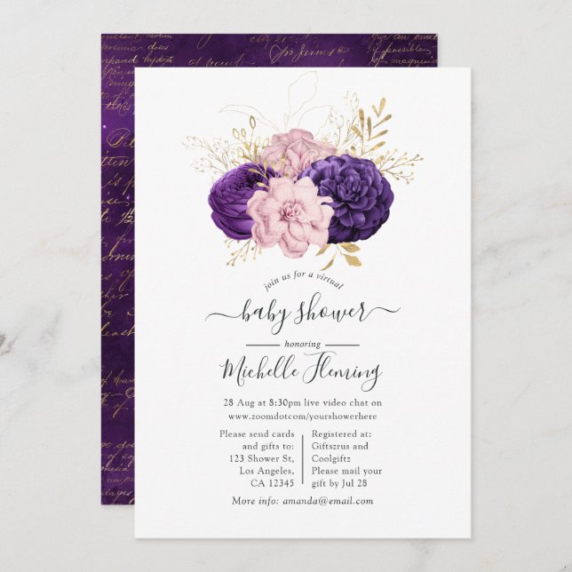 Convites Chá de fraldas Virtual Floral Rosa e Puro (Frente/Verso)