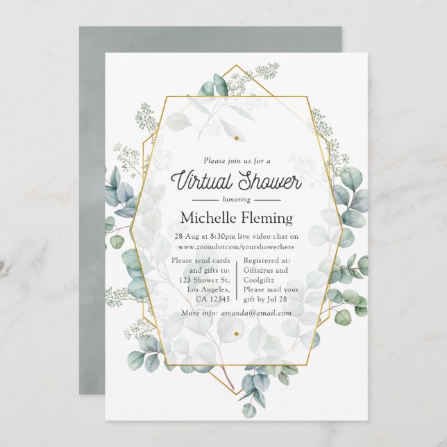 Convites Chá de fraldas Virtual Geométrico Eucalyptus (Frente/Verso)