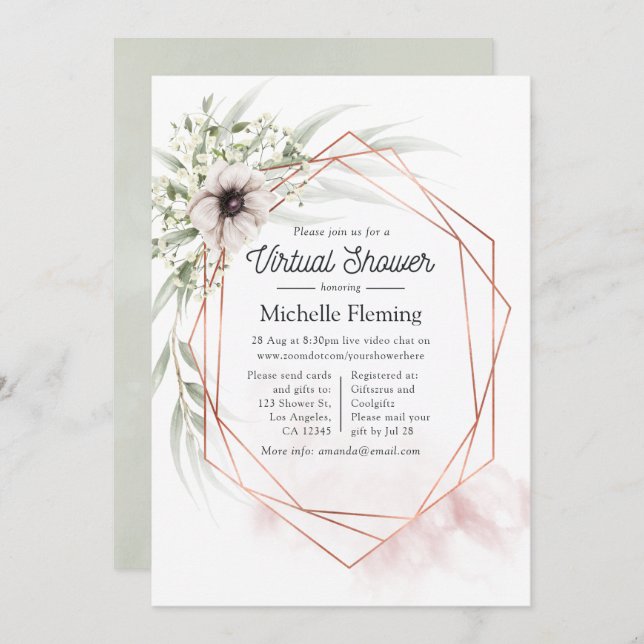 Convites Chá de fraldas Virtual Geométrico Eucalyptus (Frente/Verso)