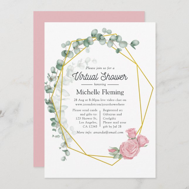 Convites Chá de fraldas Virtual Geométrico Eucalyptus (Frente/Verso)