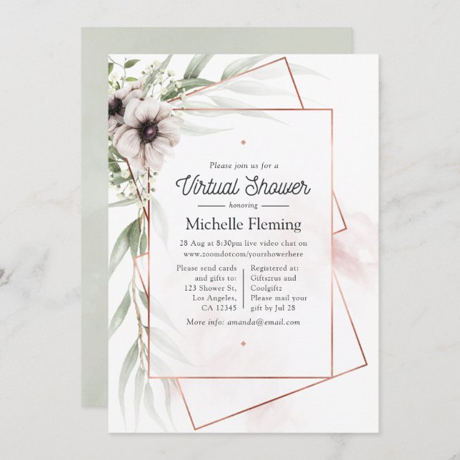 Convites Chá de fraldas Virtual Geométrico Eucalyptus Flora (Frente/Verso)