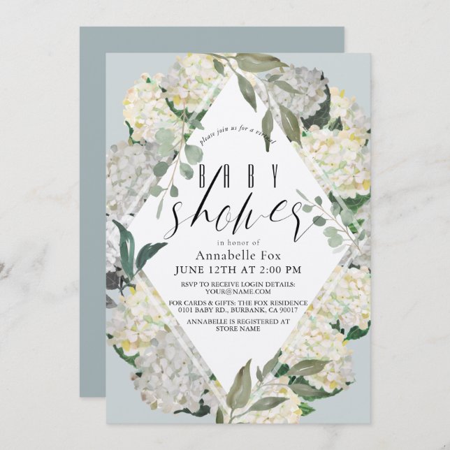 Convites Chá de fraldas Virtual Hydrangea Blue Rhonbus (Frente/Verso)