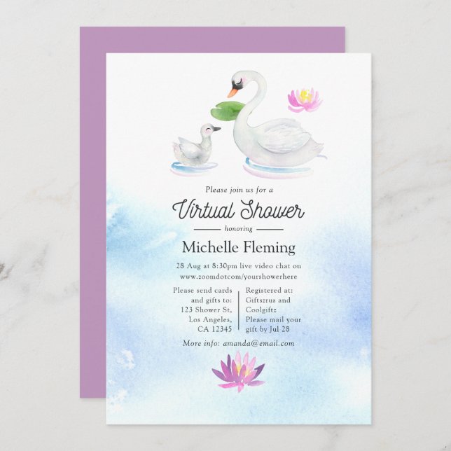 Convites Chá de fraldas Virtual Swan Watercolor (Frente/Verso)