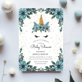 Convites Chá de fraldas Virtual Unicorn Azul com Sono