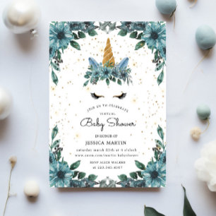 Convites Chá de fraldas Virtual Unicorn Azul com Sono