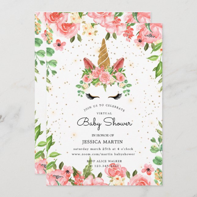 Convites chá de fraldas virtual unicórnio sonolento de rosa (Frente/Verso)