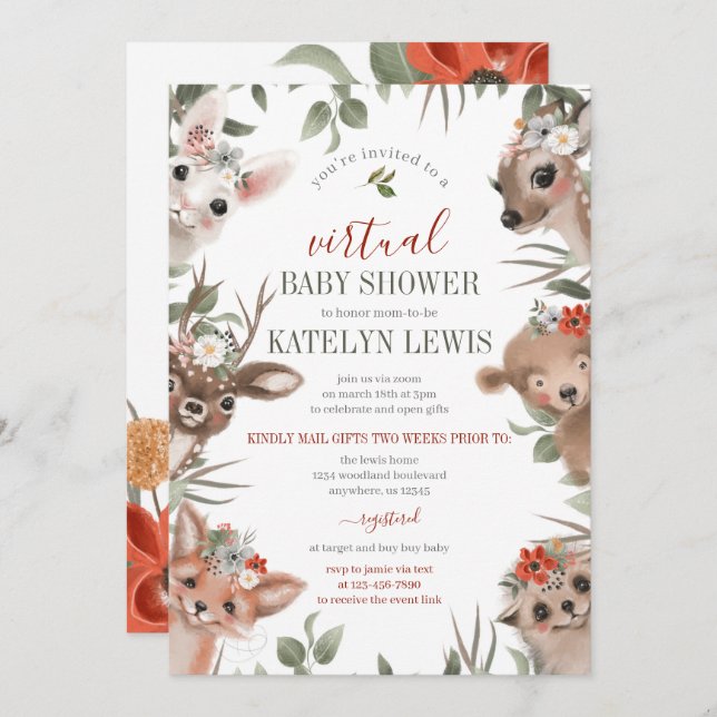 Convites Chá de fraldas Virtual Woodland Greenery (Frente/Verso)