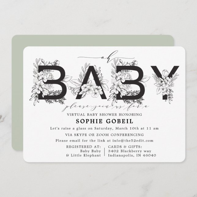 Convites Chá de fraldas VIRTUTAL Floral Verde Eucalyptus (Frente/Verso)