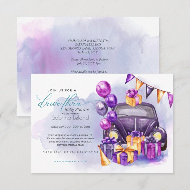 Convites Chá de fraldas Watercolor Fuchsia Ametyst Drive-Th (Frente/Verso)